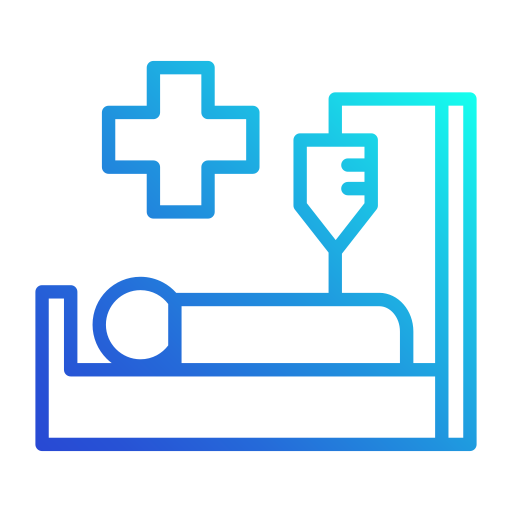 Our Services Blue gradient icon of a patient in a hospital bed with an IV drip and a medical cross, symbolizing quality inpatient and chronic illness care at Al Farooq Polyclinic in Oman.