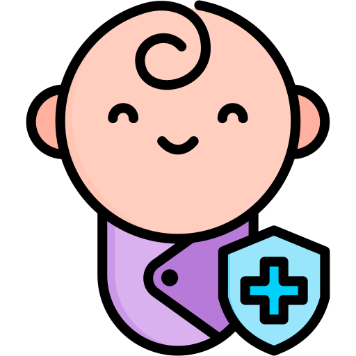 Our Services Smiling baby icon with a medical shield, symbolizing expert GP pediatric care at Al Farooq Polyclinic in Oman. Specialized healthcare services for infants and children, ensuring their well-being and healthy development